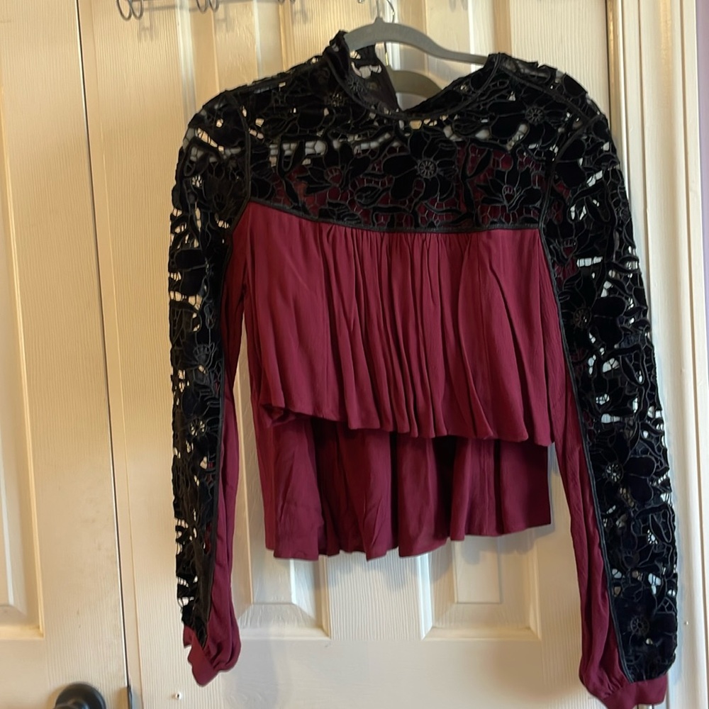 Free People set, Size 0, Flowy Crop Top and Skirt, Burgundy and Black Lace